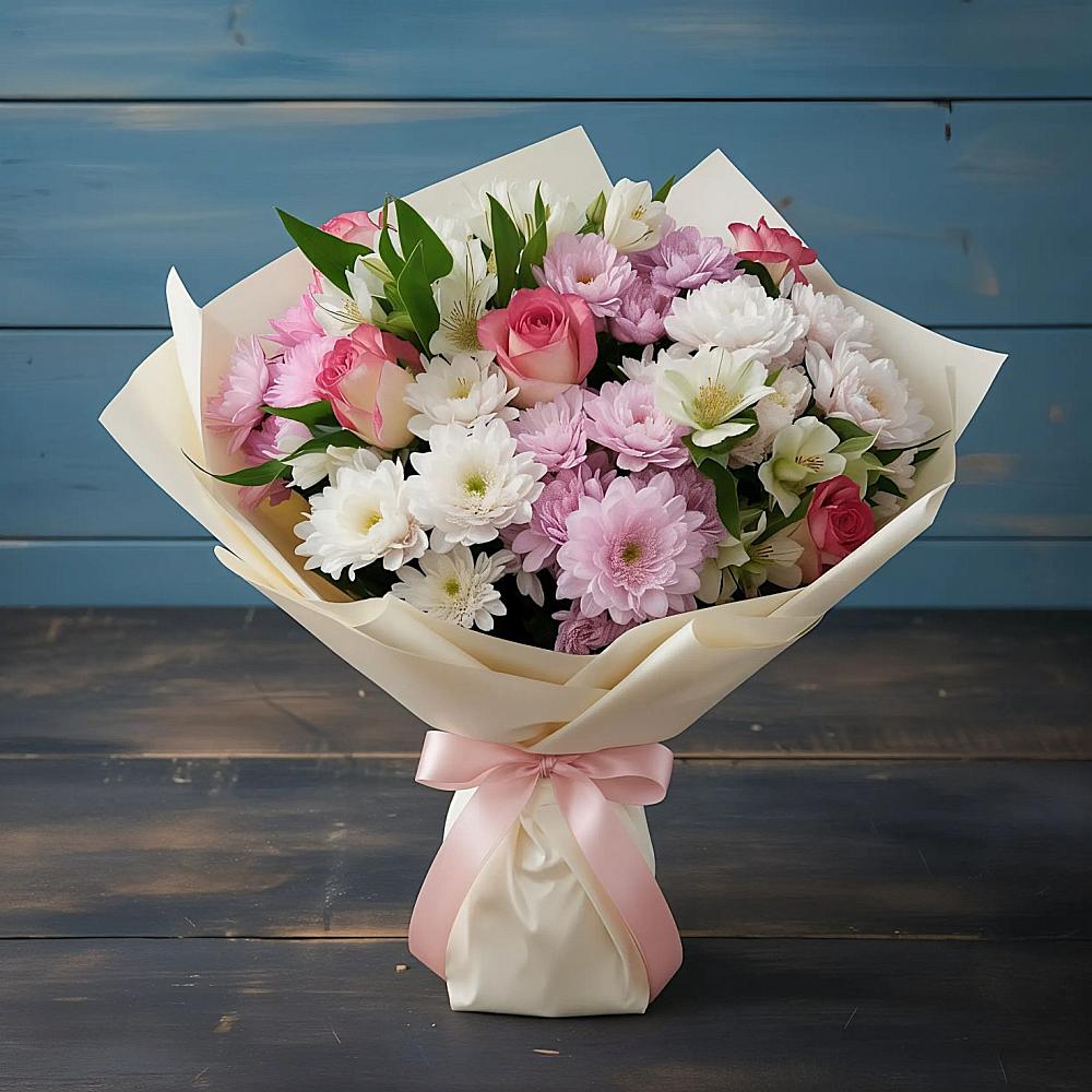 Букет цветов из: Хризантемы, Альстромерии и Розы в Новогремяченском